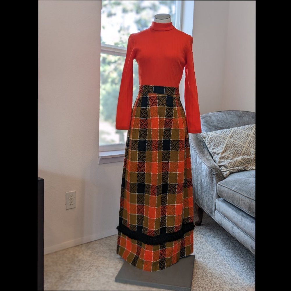 Vintage late 60s Plaid Maxi Dress zipper back Orange, Black, Mustard, Mr. B